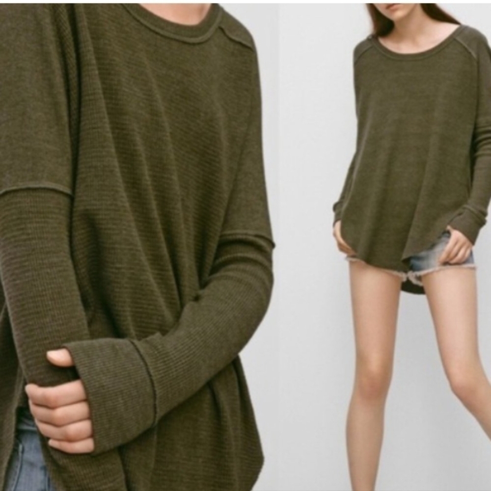 Aritzia TNA Waffle Knit Alder Thermal in Gunmetal Green Small